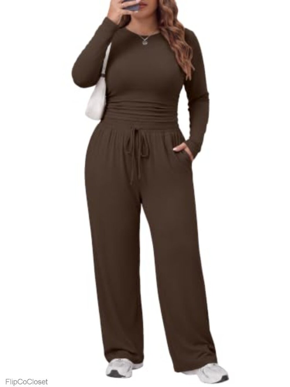 Plus Size 2pc Lounge Set Rayon Spandex Slim Top Wide Leg Pants Tracksuit